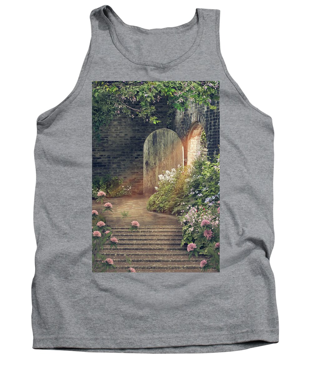 Beautiful Tank Top featuring the photograph Steps Leading Though Old Floral Cottage Garden With Sunlight Old Door  by Ethiriel Photography
