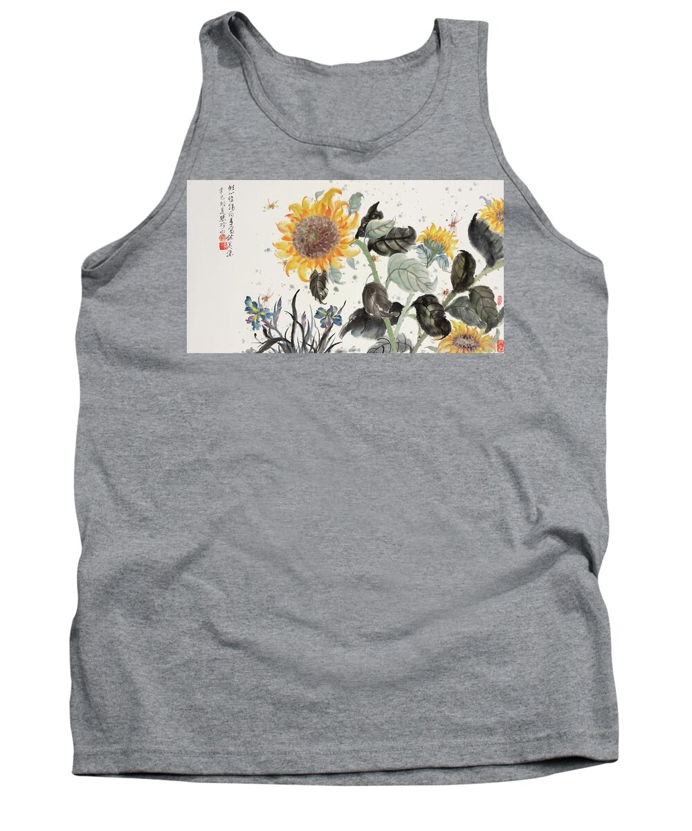 Chinese Watercolor Tank Top featuring the painting Sunflower and Dragonfly by Jenny Sanders