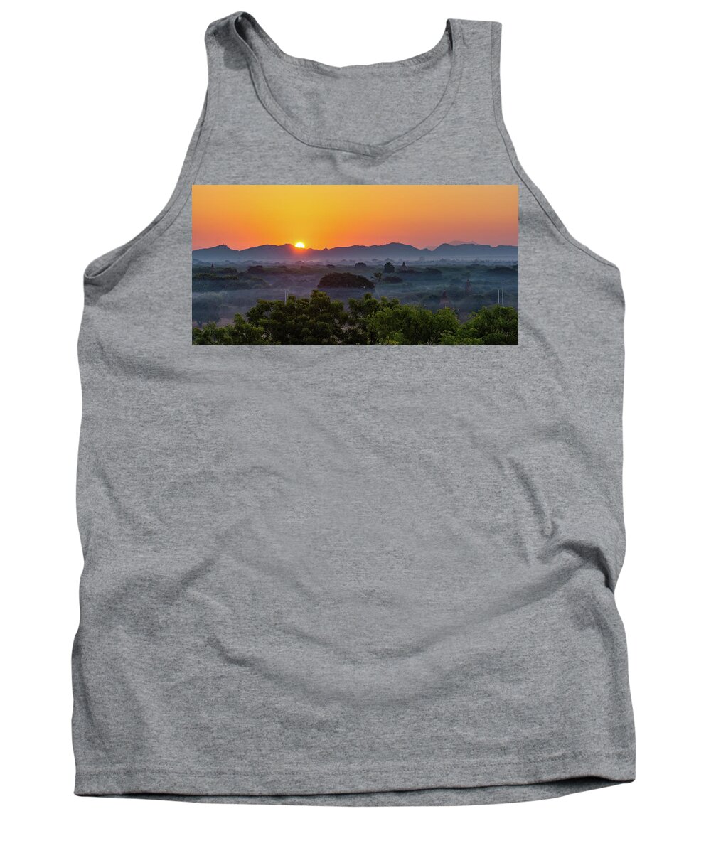 Sun Tank Top featuring the photograph sunrise landscape in Bagan, Myanmar by Ann Moore