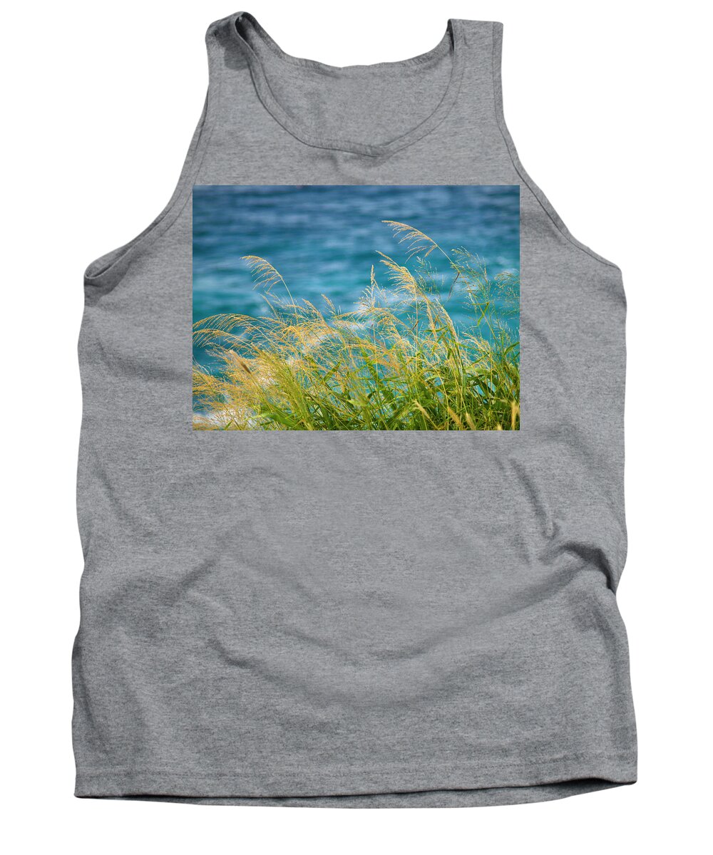 Ocean Tank Top featuring the photograph Tall Grass Against a Blue Ocean by Christopher Johnson