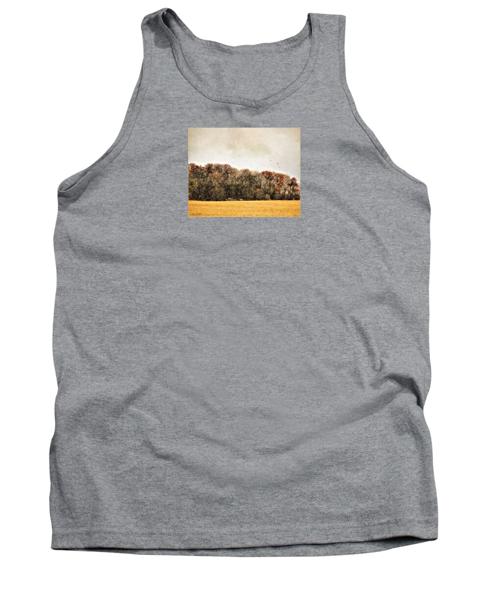 Landscape Tank Top featuring the digital art Three Crows and Golden Field by Diane Chandler