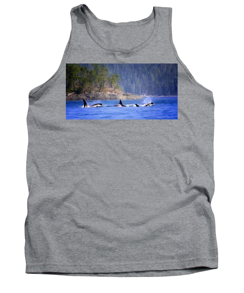 Orca Whales Tank Top featuring the painting Triple Play - Orca Whales by Jeanette Mahoney