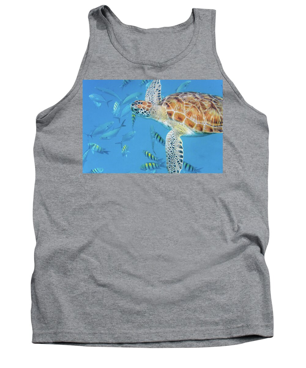 Turtle Tank Top featuring the photograph Turtle and fish by Mark Hunter