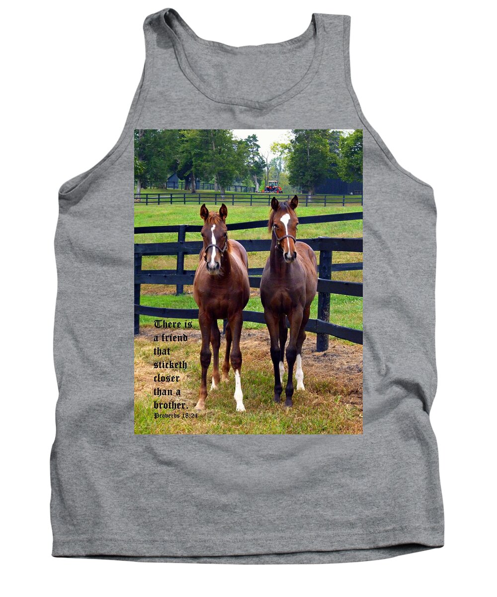 Horses Tank Top featuring the photograph Two Friends with Proverbs 18 vs 24 by Mike McBrayer