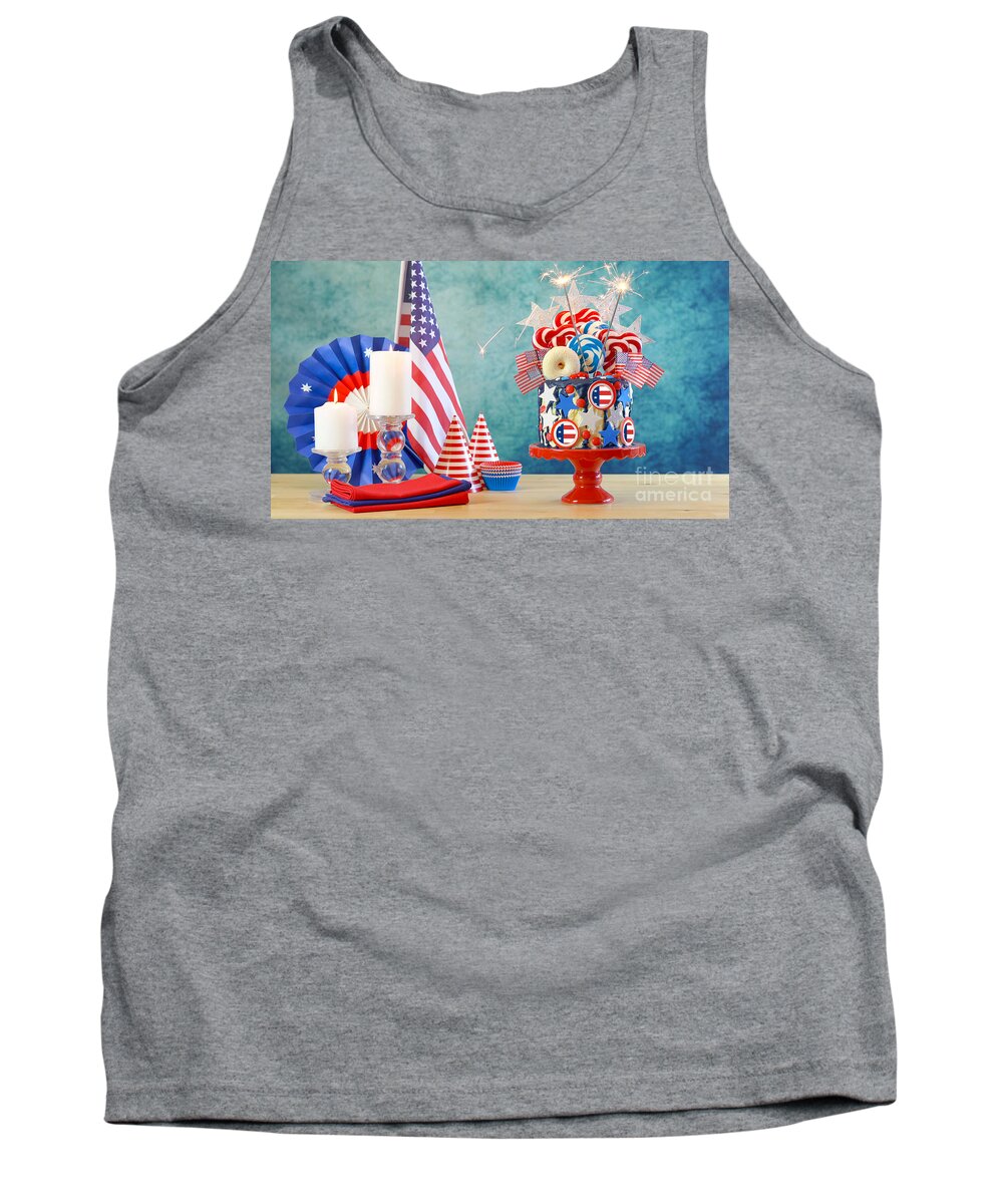 Fourth Of July Tank Top featuring the photograph USA theme candyland fantasy drip cake in party table setting. by Milleflore Images