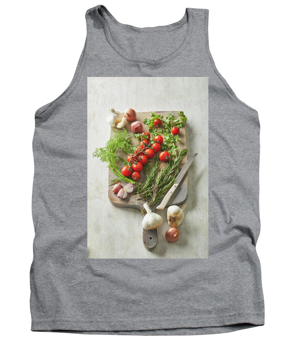 Cuisine At Home Tank Top featuring the photograph Vegetables and herbs on a cutting board by Cuisine at Home