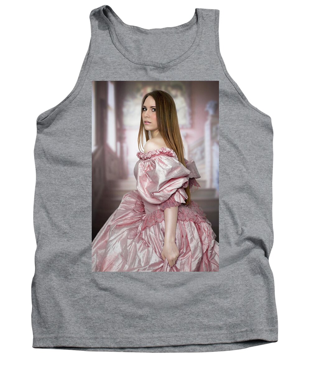 Historical Tank Top featuring the photograph Victorian Woman In Pink dress Walking Up Stairs by Ethiriel Photography