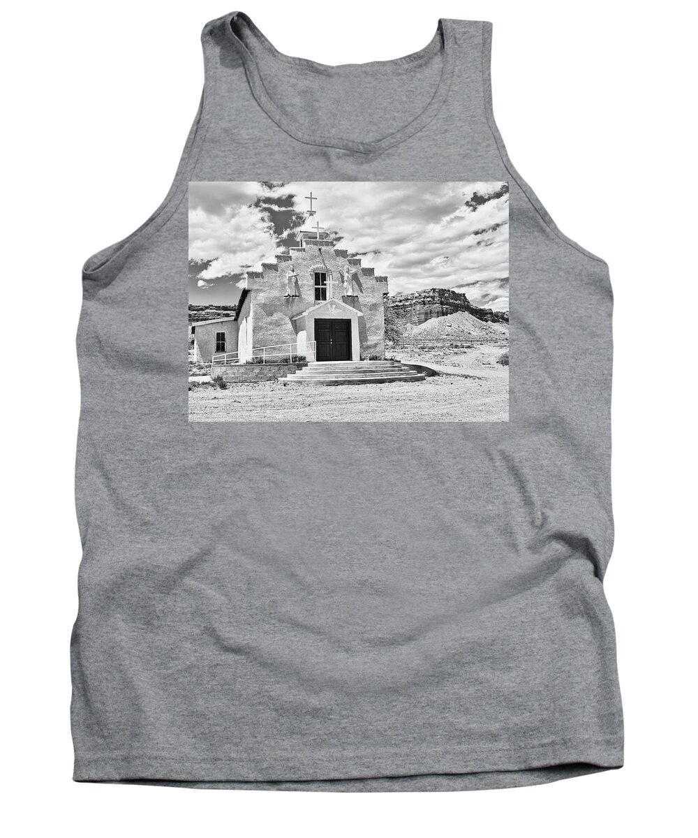 Cabezon Tank Top featuring the photograph Village church 1, New Mexico, BW by Segura Shaw Photography