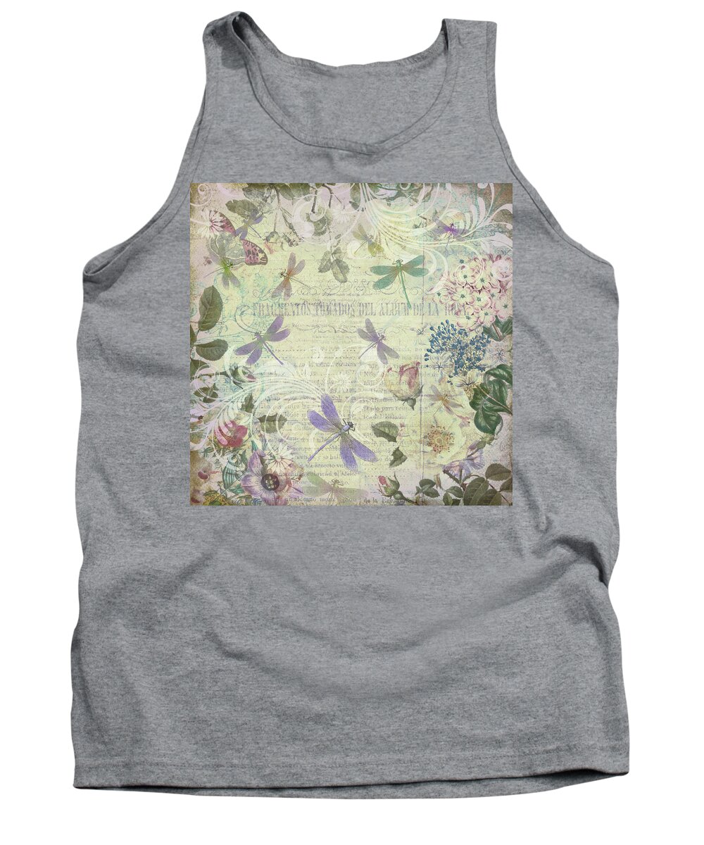 Vintage Tank Top featuring the drawing Vintage Romantic Botanical with Dragonflies by Peggy Collins