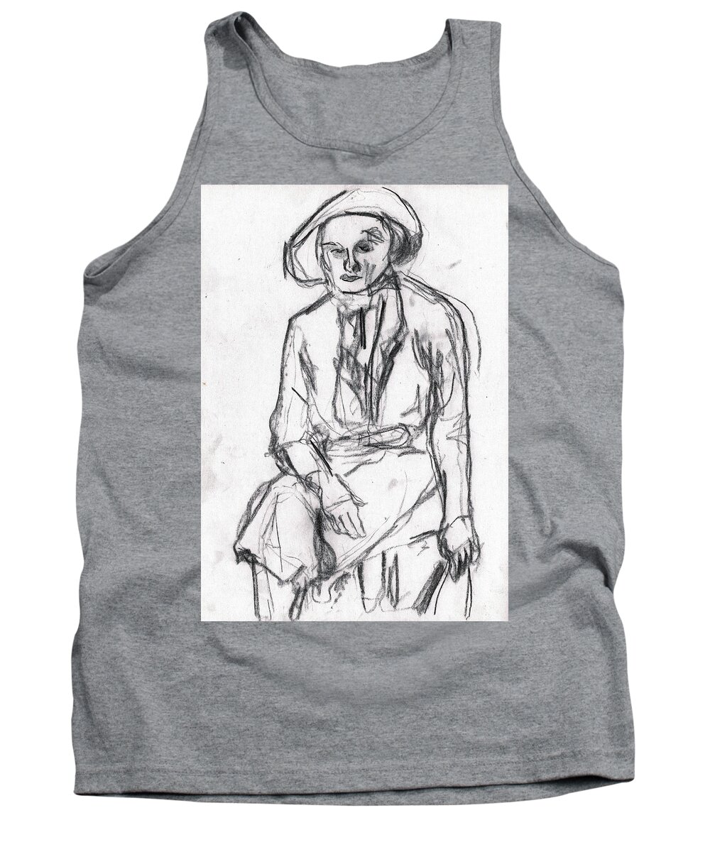People Tank Top featuring the drawing Woman in a Hat Drawing by Edgeworth Johnstone