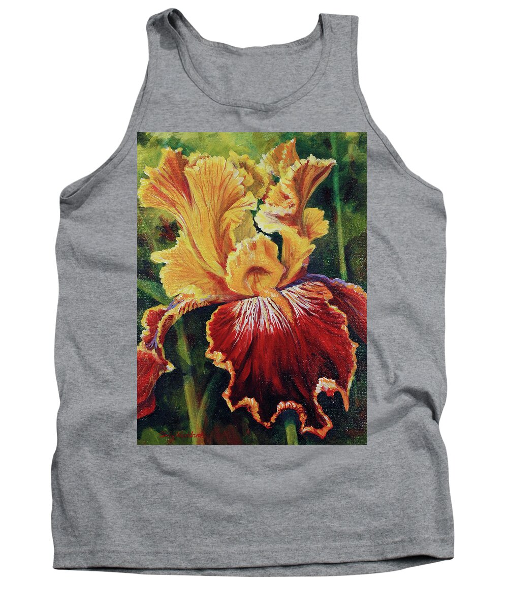 Yellow Tank Top featuring the painting Yellow and Gold Iris by Cynthia Westbrook