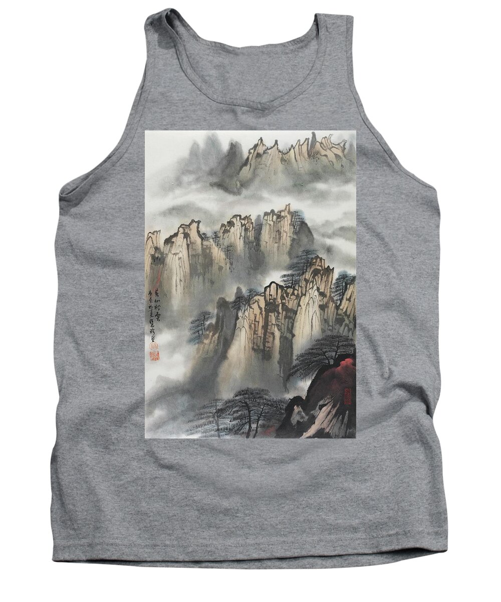 Chinese Watercolor Tank Top featuring the painting Yellow Mountain - Huangshan - Autumn by Jenny Sanders