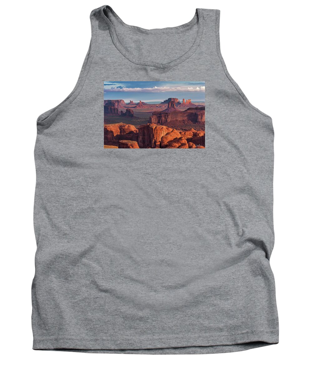 Southwest Desert Arizona Monument Valley Dineh Sunrise Stagecoach Red Rock Colorado Plateau Tank Top featuring the photograph Sunrise from Hunt's Mesa #1 by Dan Norris