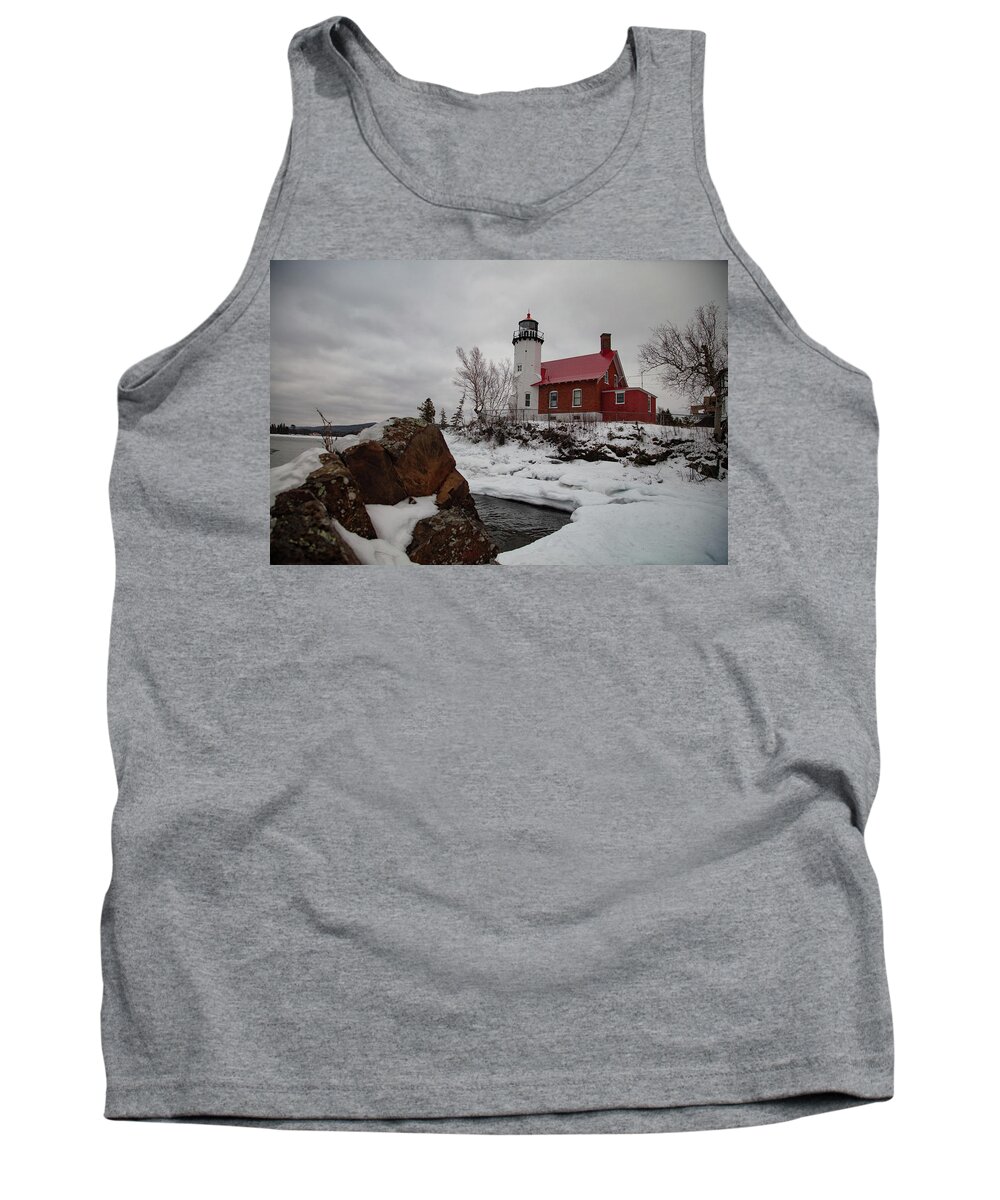 Eagle Harbor Mi Tank Top featuring the photograph Winter view of Eagle Harbor Lighthouse in Eagle Harbor Michigan #1 by Eldon McGraw