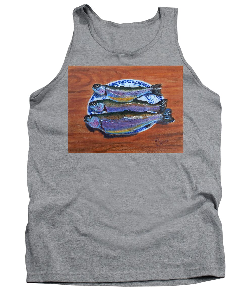Trout Tank Top featuring the painting 3 Trout on a Plate by Mike Kling