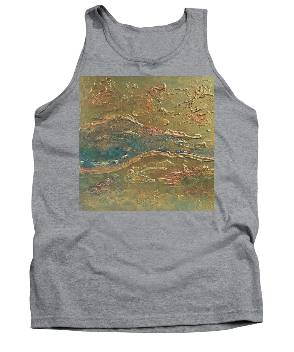 Gold Tank Top featuring the painting A RIVER RUNS THROUGH IT Abstract in Gold by Lynnie Lang