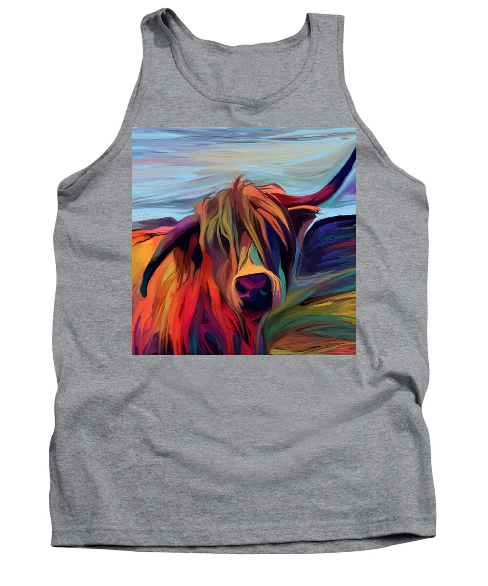 Abstract Cow Tank Top featuring the mixed media Abstract Highland Cow by Ann Leech