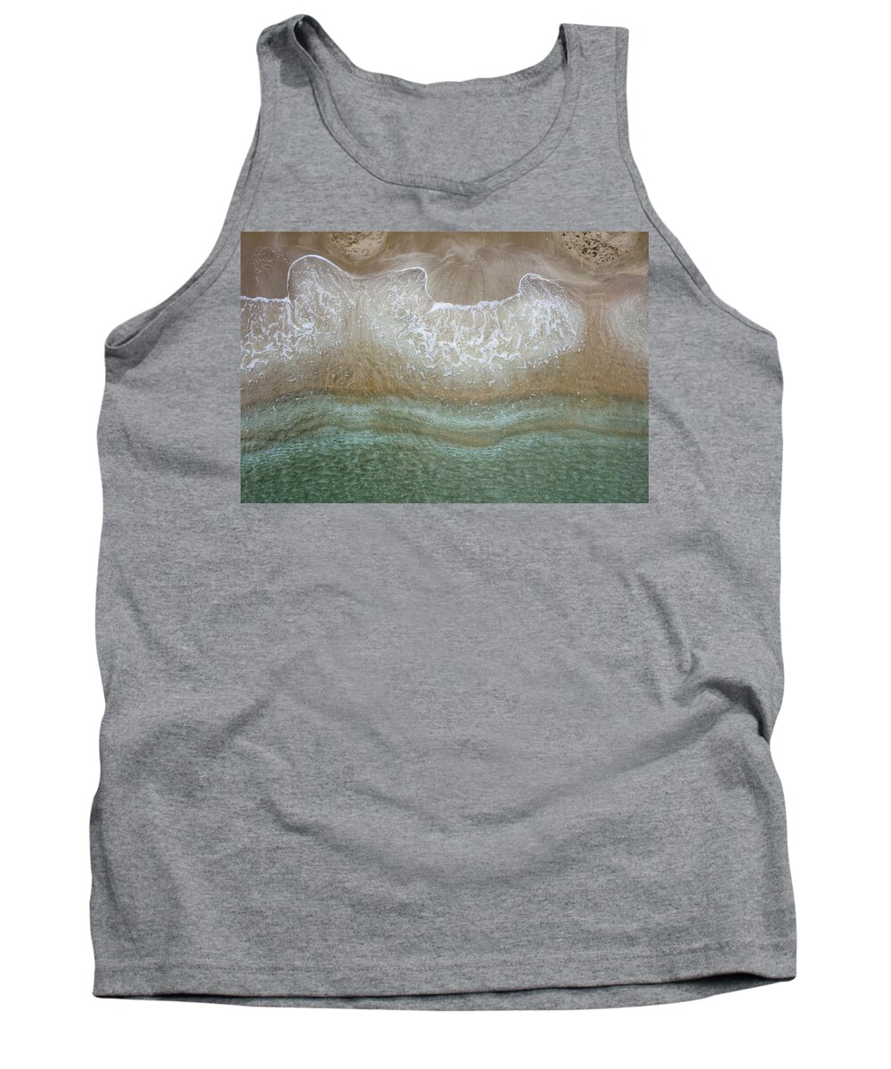 Golden Sand Tank Top featuring the photograph Aerial view drone of empty tropical sandy beach with golden sand. Seascape background by Michalakis Ppalis