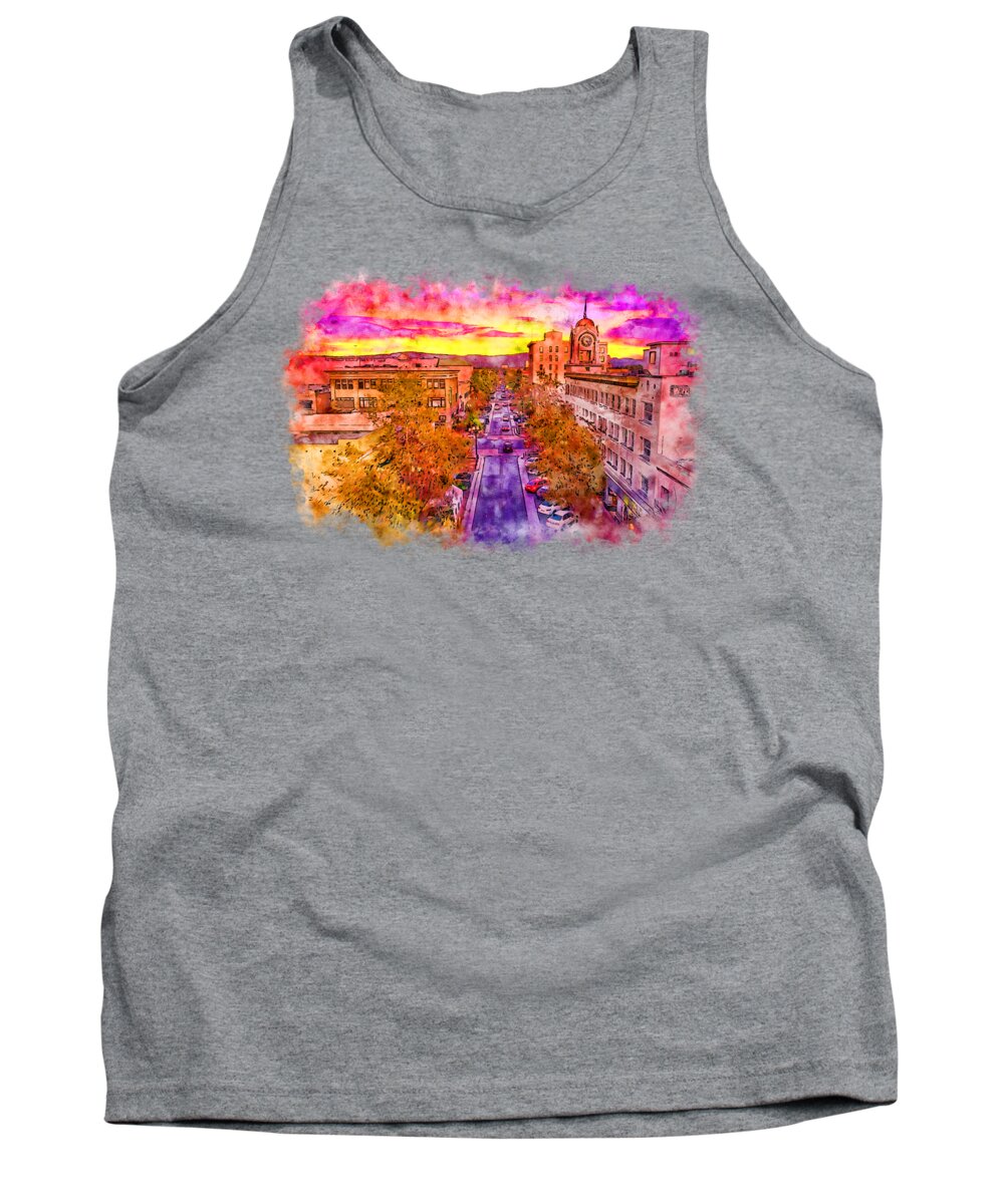 W 4th Street Tank Top featuring the digital art Aerial view of W 4th Street in downtown Santa Ana - pen and watercolor by Nicko Prints