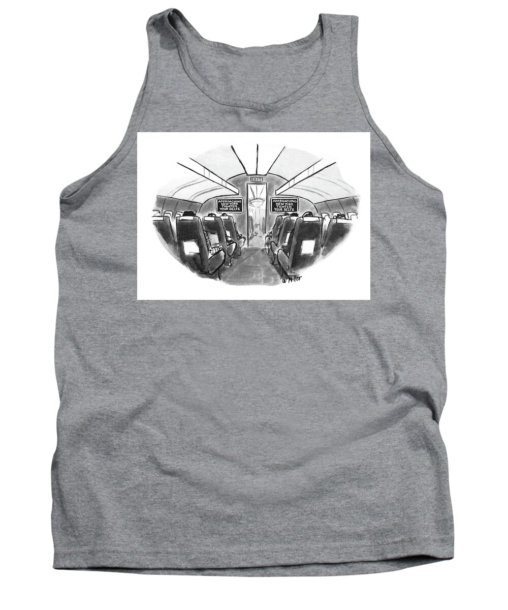Captionless Tank Top featuring the drawing Approaching New York Tighten Your Belts by Warren Miller