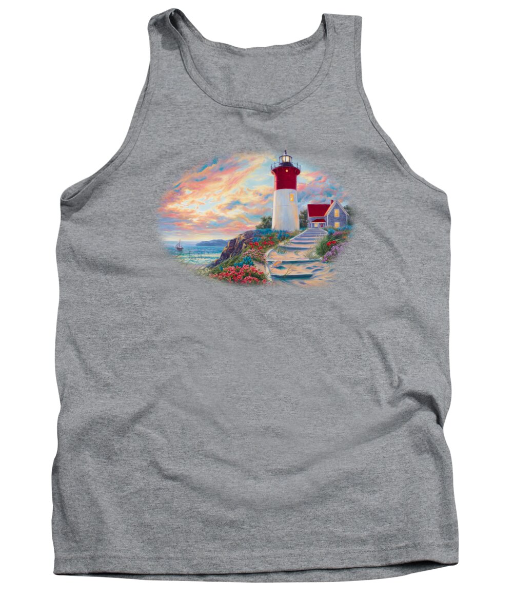 Beach Tank Top featuring the painting Lighthouse at Sunset by Lucie Bilodeau