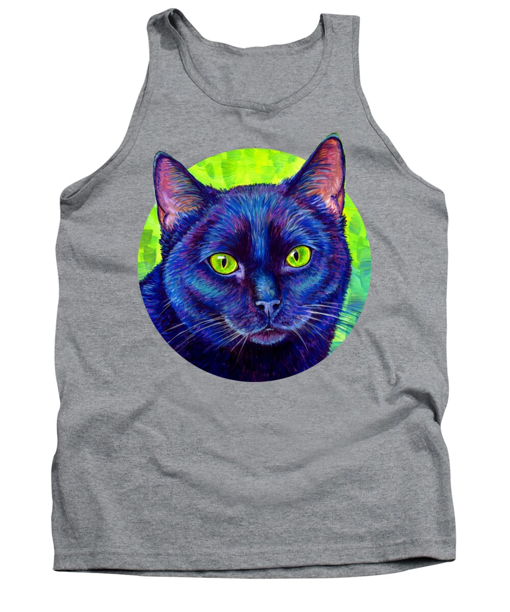 Cat Tank Top featuring the painting Black Cat with Chartreuse Eyes by Rebecca Wang