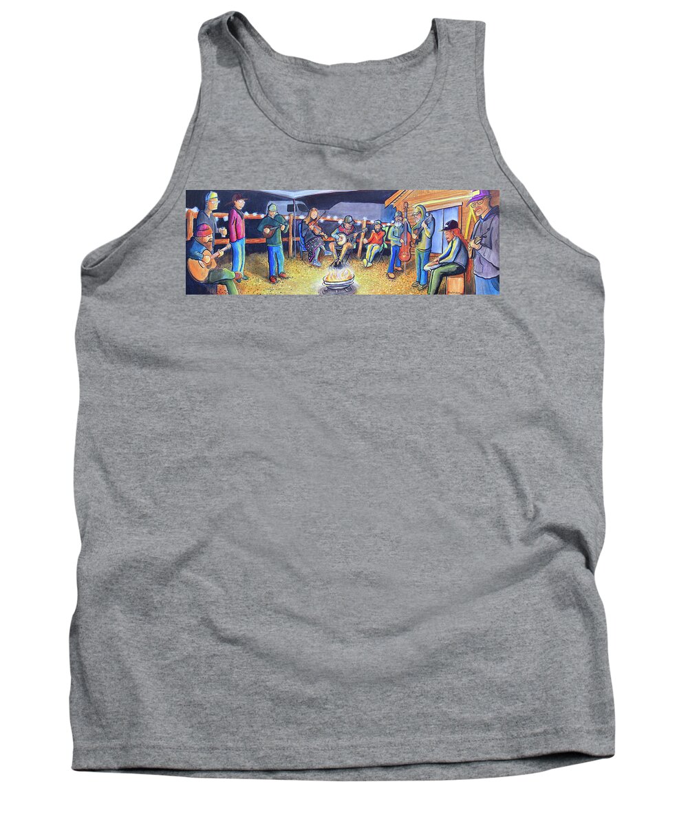 Alma Tank Top featuring the painting Backyard Jam with Shakey Hand String Band and Local Folk Almafest by David Sockrider