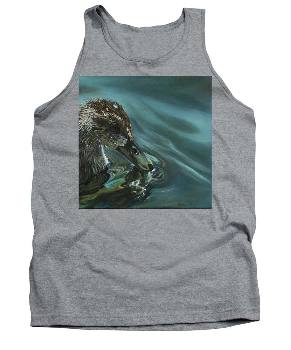 #duck #bathing #water #lake #ducks #droplets #nature #landscape #swim #blue #brown #feathers Tank Top featuring the painting Bathing Duckline by Stella Marin