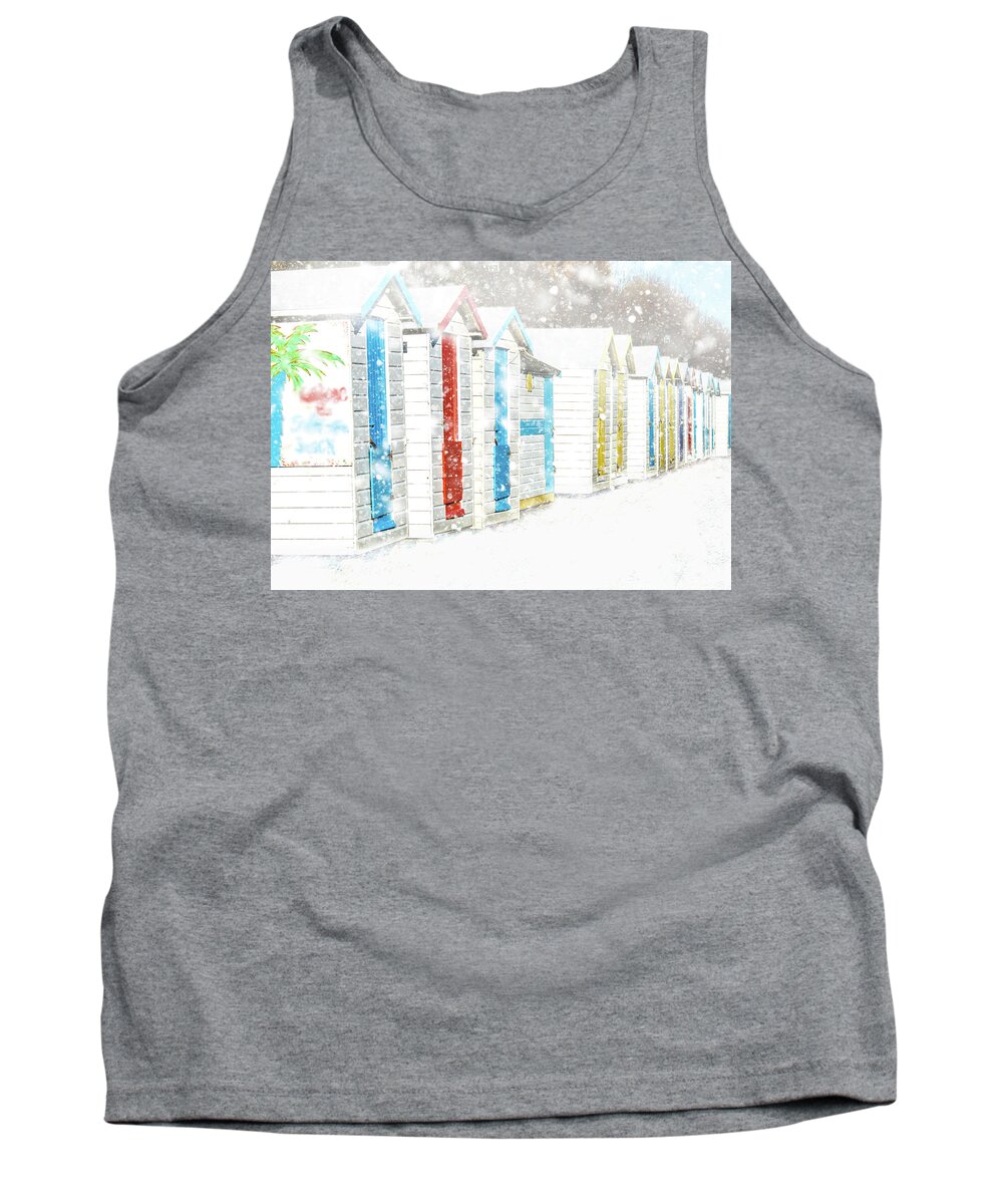 Abstract Tank Top featuring the photograph Beach Huts during a snow shower by Sue Leonard