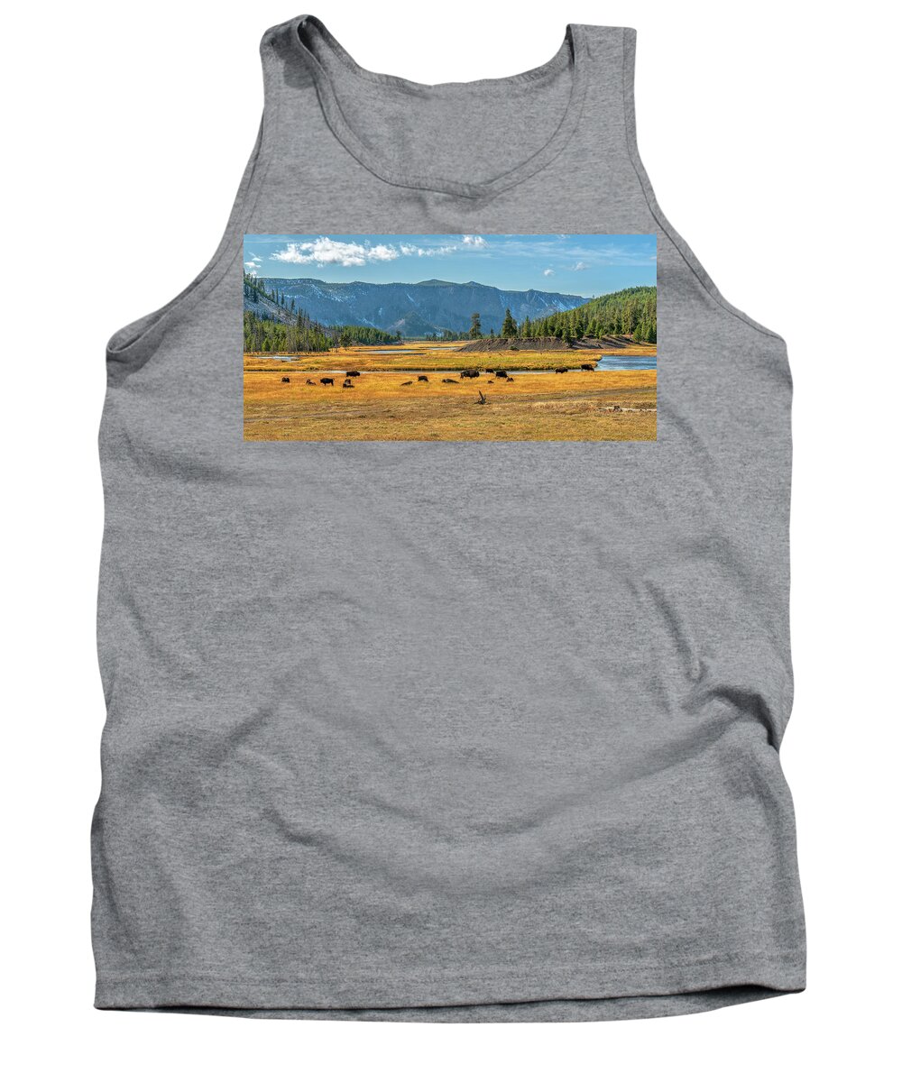 Yellowstone Tank Top featuring the photograph Bison Roaming Madison River in Yellowstone by Kenneth Everett