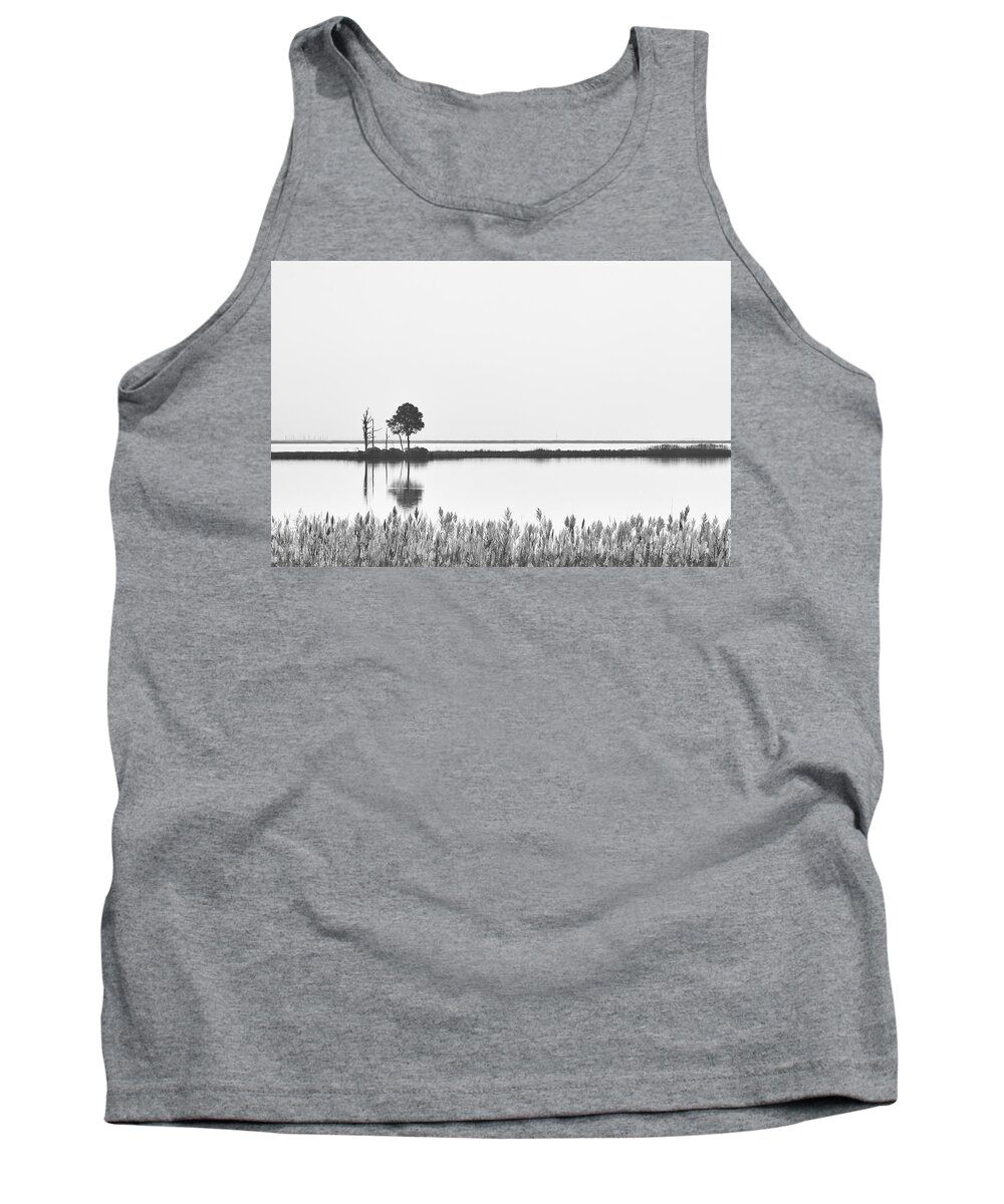 Grass Tank Top featuring the photograph Blackwater River Reflection in Monochrome by Charles Floyd