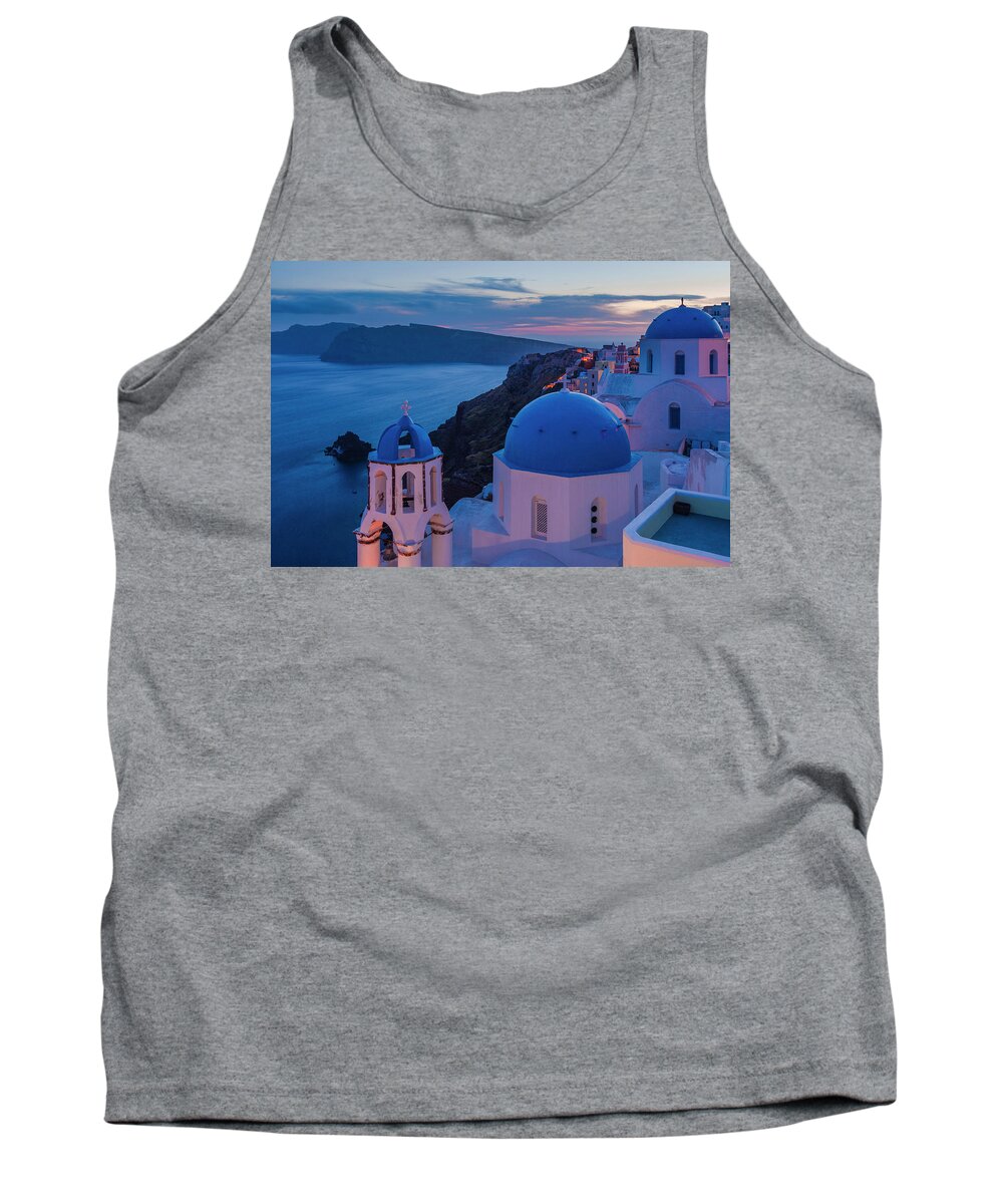 Aegean Sea Tank Top featuring the photograph Blue Domes Of Santorini by Evgeni Dinev