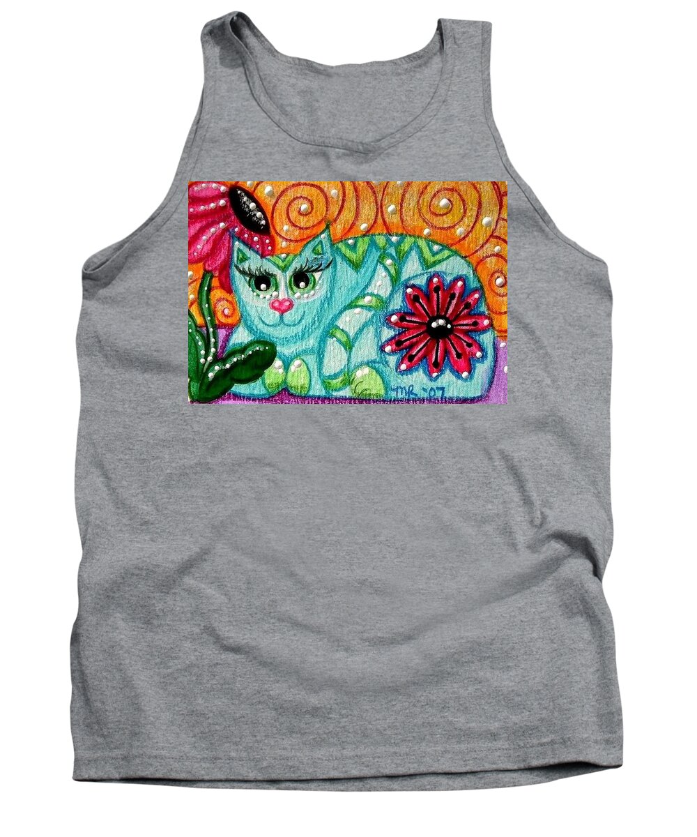 Whimsical Cat Painting Tank Top featuring the painting Blue Green Whimsical Cal by Monica Resinger