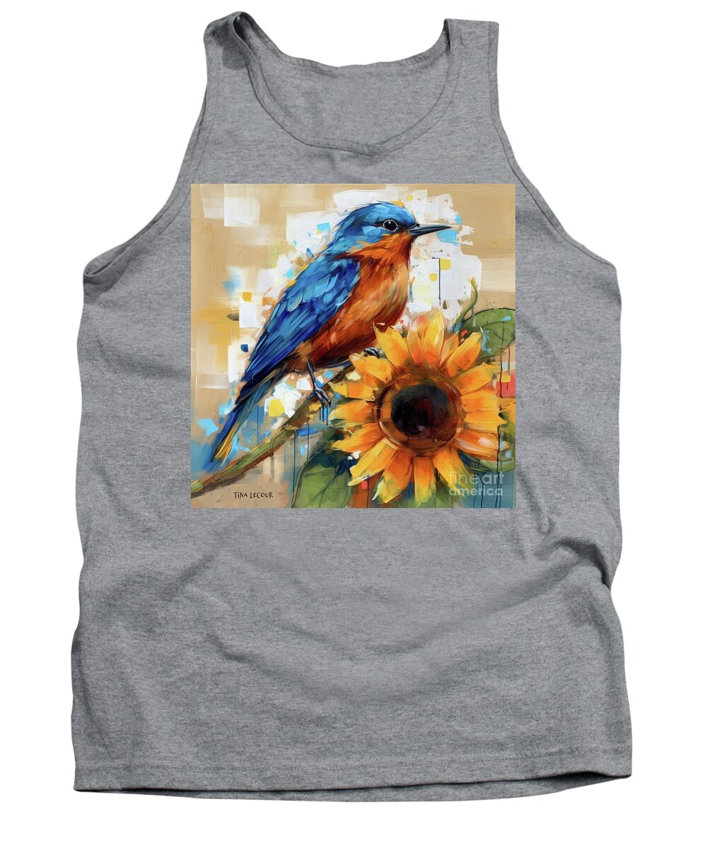 Bluebirds Tank Top featuring the mixed media Bluebird Perched Upon The Sunflower by Tina LeCour