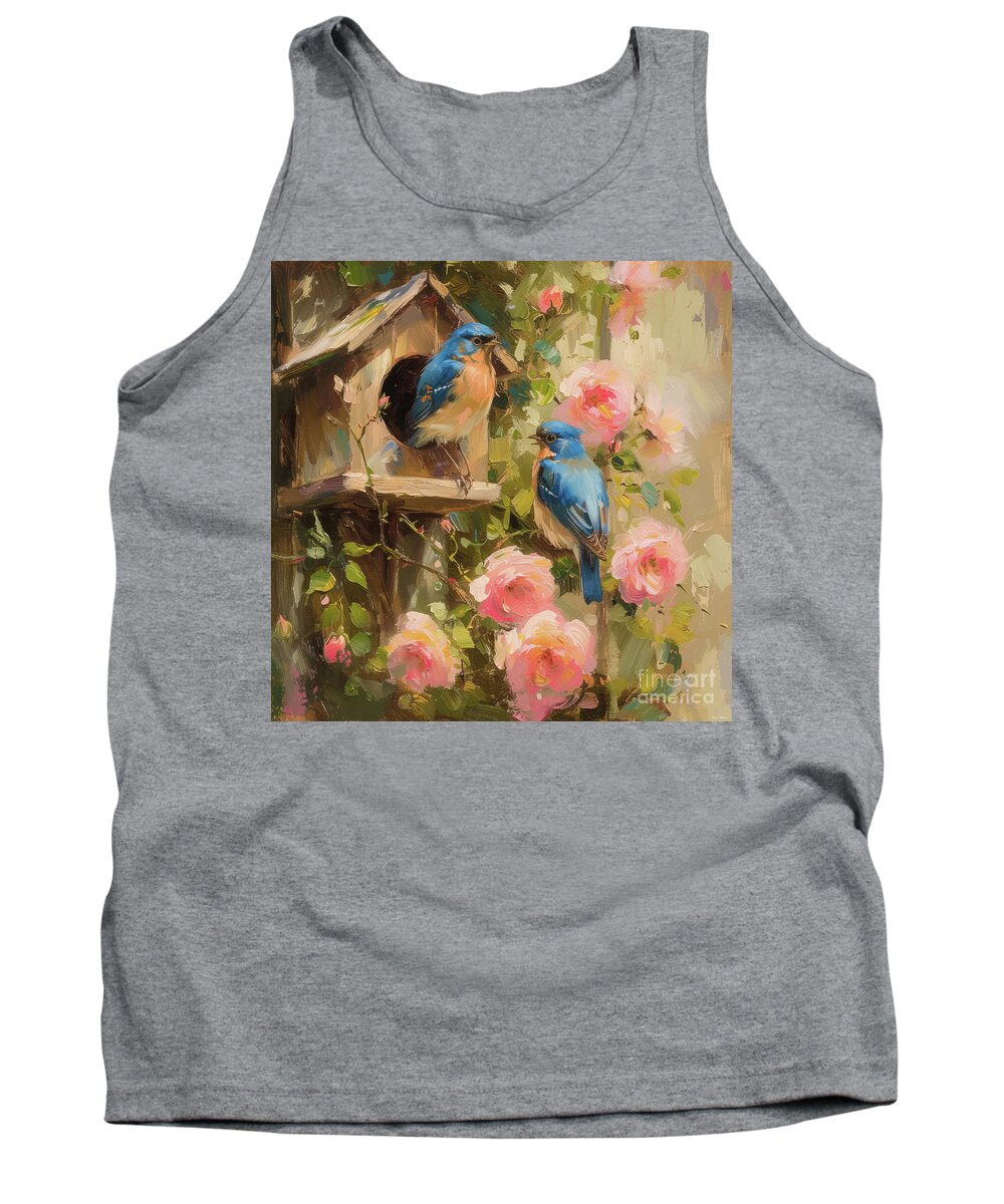 Bluebirds Tank Top featuring the painting Bluebirds At The Bird House by Tina LeCour