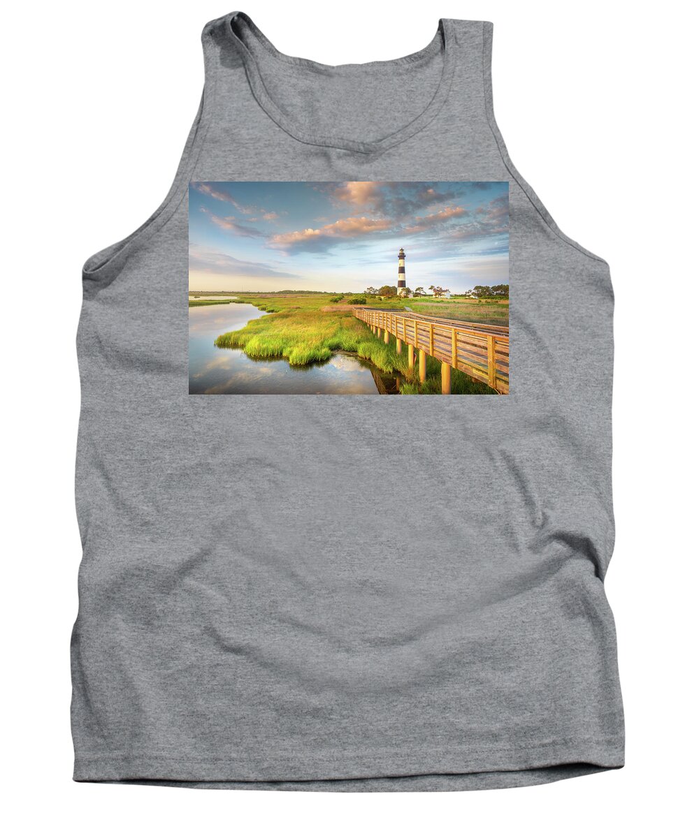 Bodie Island Lighthouse Tank Top featuring the photograph Bodie Island Lighthouse Sunrise OBX Outer Banks NC by Jordan Hill