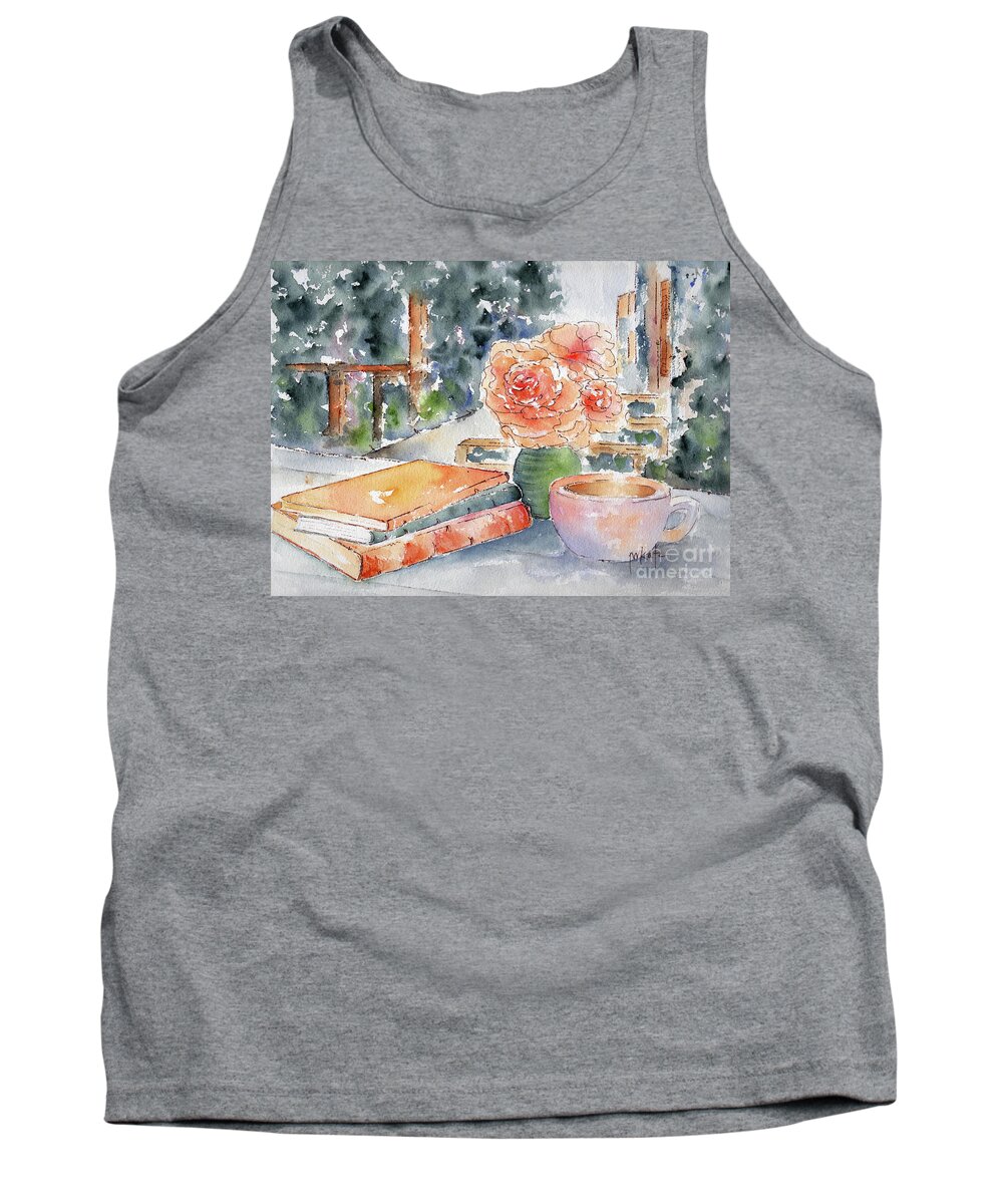Coffee Signs Tank Top featuring the painting Books Coffee And Peach Roses In The Garden by Pat Katz