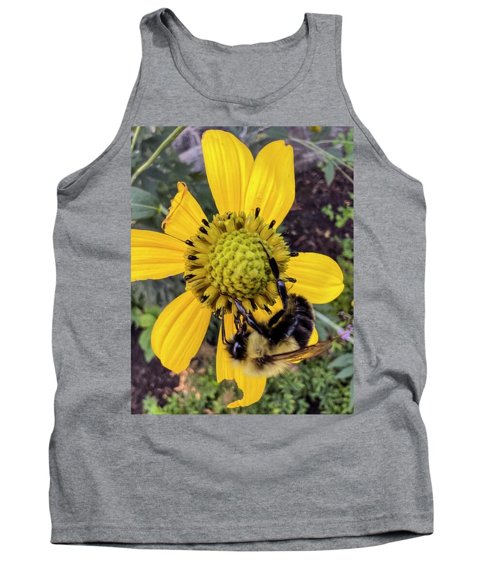 Yellow Fuzzy Bumble Bee Gathering Nectar On A Yellow Flower At Montreal Botanical Gardens. Tank Top featuring the photograph Bumble Bee on Yellow Flower by Matthew Bamberg