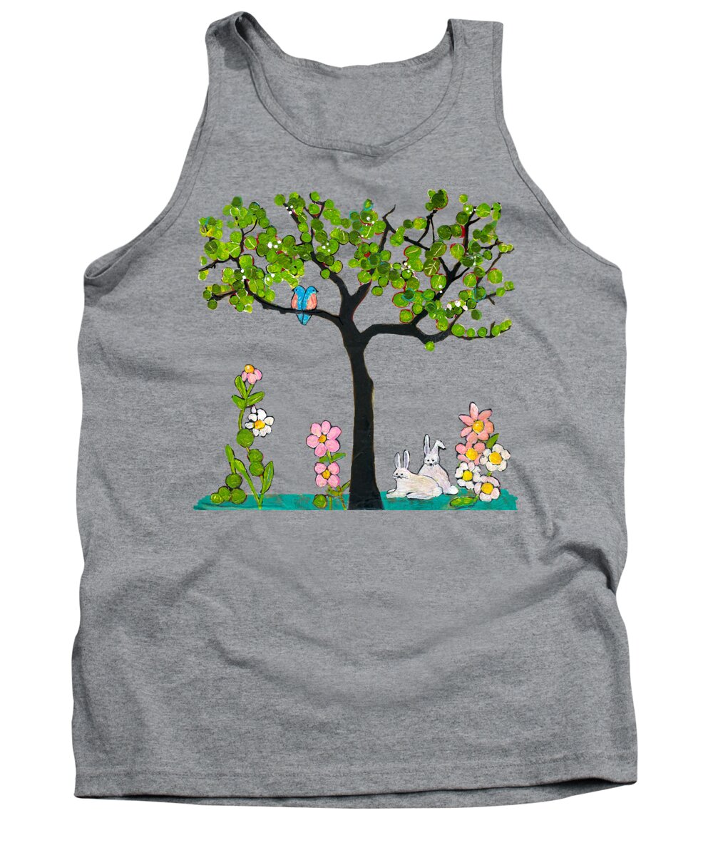 Animals Tank Top featuring the painting Bunnies and Birds Tree by Blenda Studio