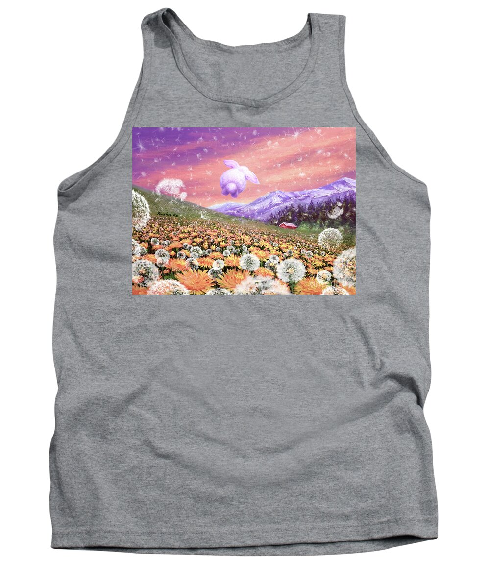 Dandelion Tank Top featuring the painting Bunny Hopping in the Field of Hope   by Yoonhee Ko