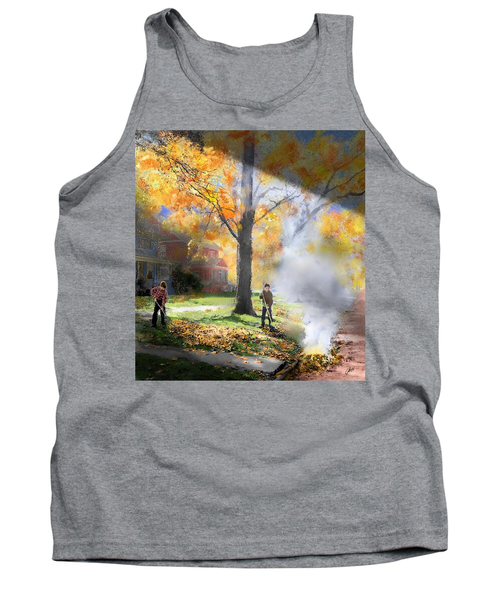 Autumn Tank Top featuring the digital art Burning The Leaves - 1950s by Glenn Galen