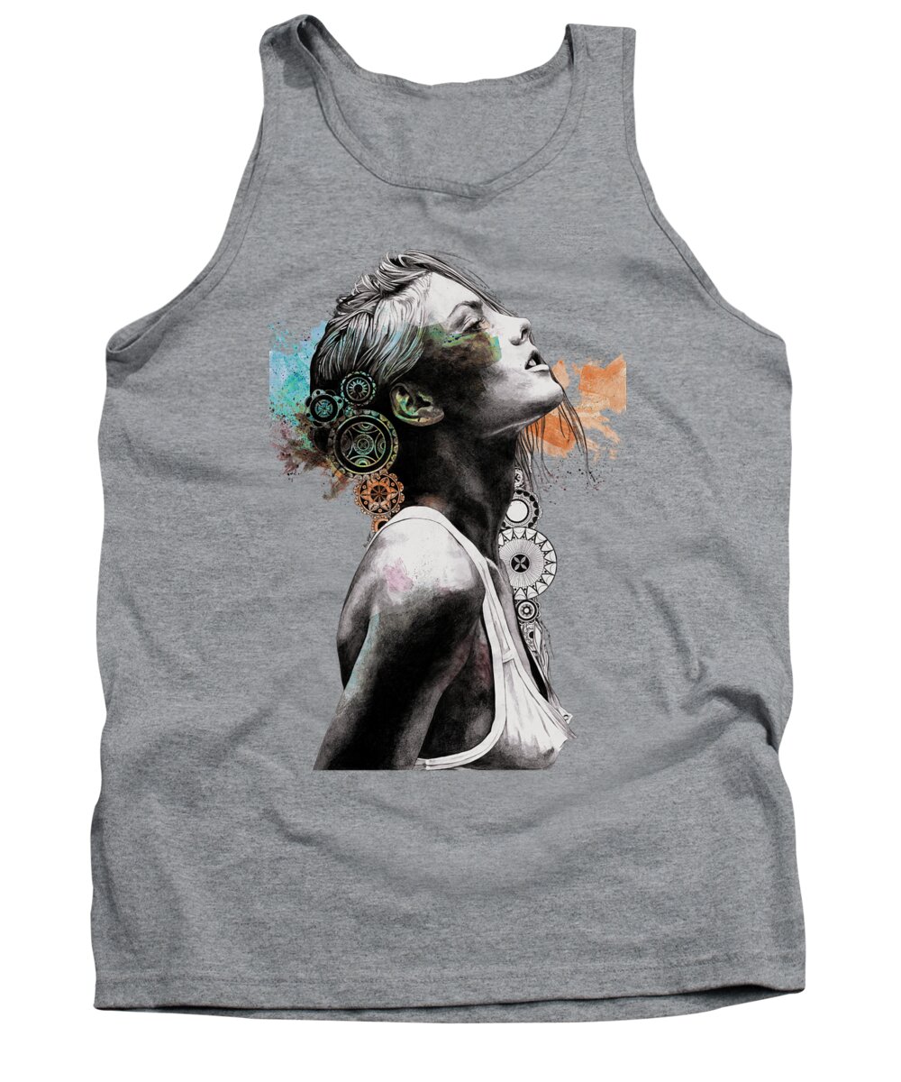 Mandala Tank Top featuring the drawing Burnt By The Sun cstm - mandala woman portrait by Marco Paludet