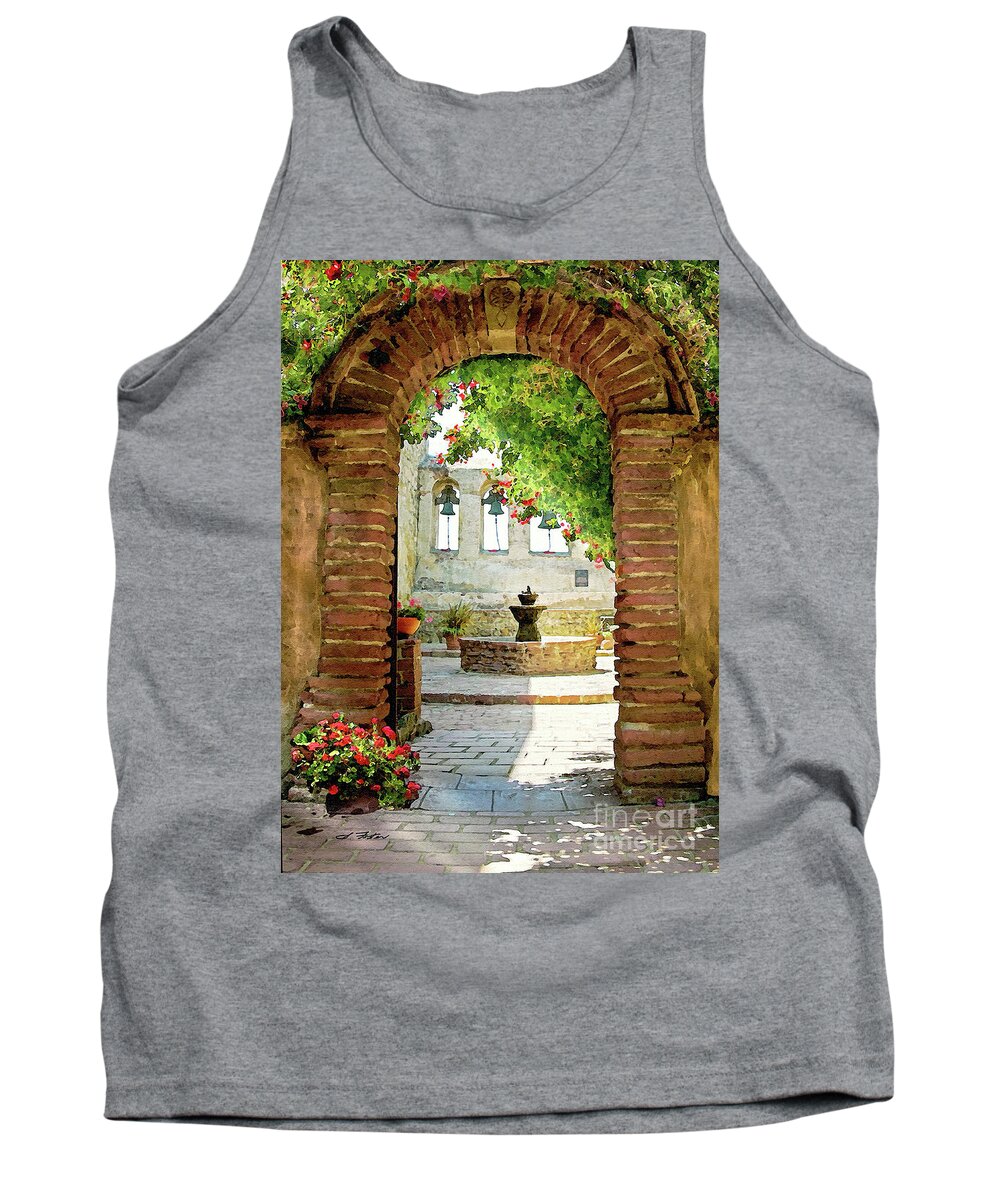 Mission Tank Top featuring the digital art Capistrano Gate by Sharon Foster