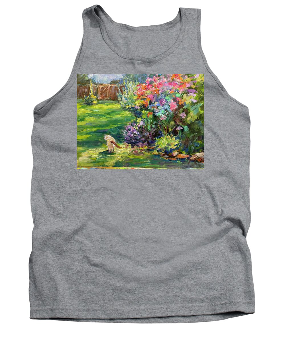 Cat Tank Top featuring the painting Cat in the Garden by Madeleine Shulman