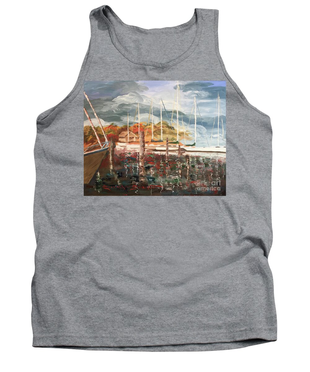 Oil Painting Tank Top featuring the painting Reflections at Cherry Point Marina in Autumn Oil Painting by Catherine Ludwig Donleycott