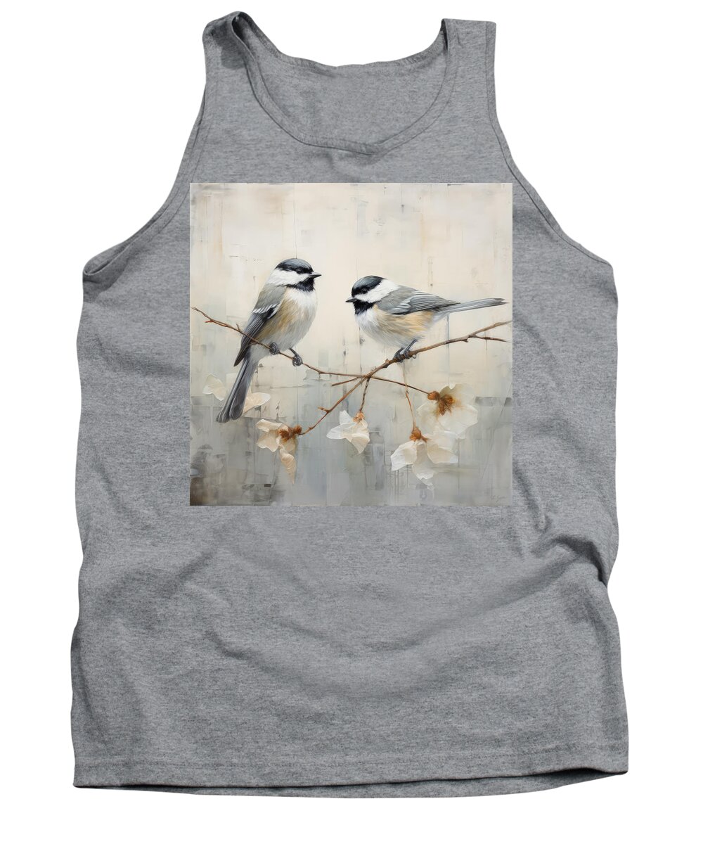 Chickadee Tank Top featuring the painting Chickadees in Serene Neutrals by Lourry Legarde