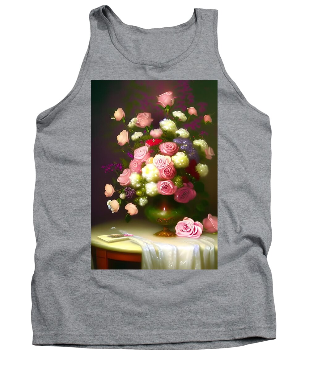Bouquet Tank Top featuring the digital art Classic Roses in Vase by Katrina Gunn
