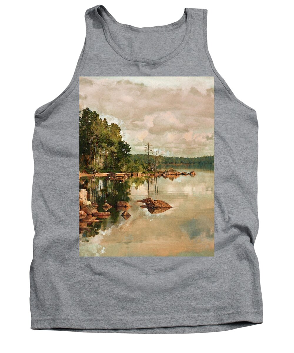 Cloudy Tank Top featuring the painting Cloudy Morning at the Lake by Alex Mir