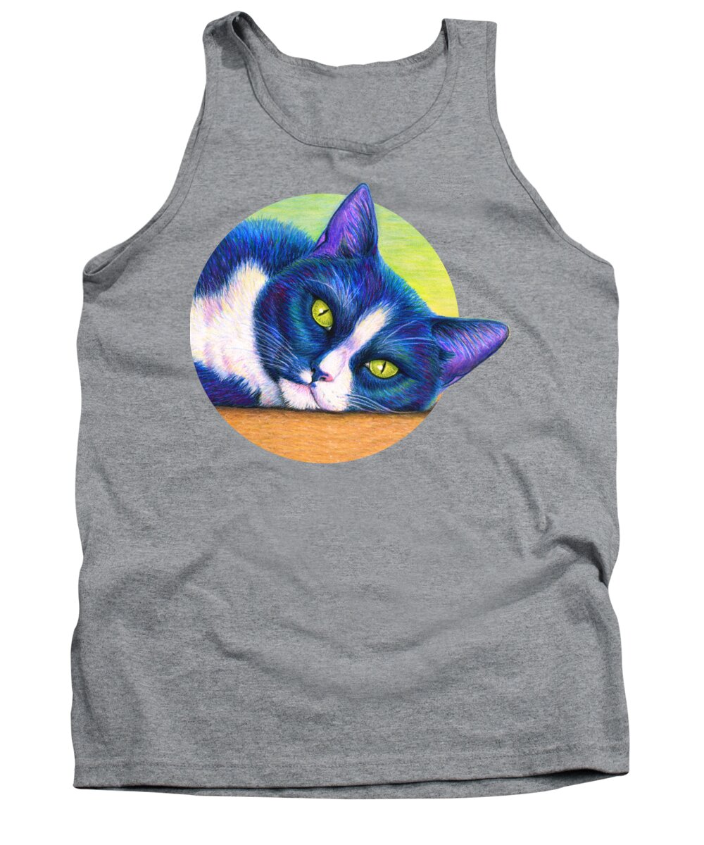 Cat Tank Top featuring the drawing Colorful Tuxedo Cat by Rebecca Wang