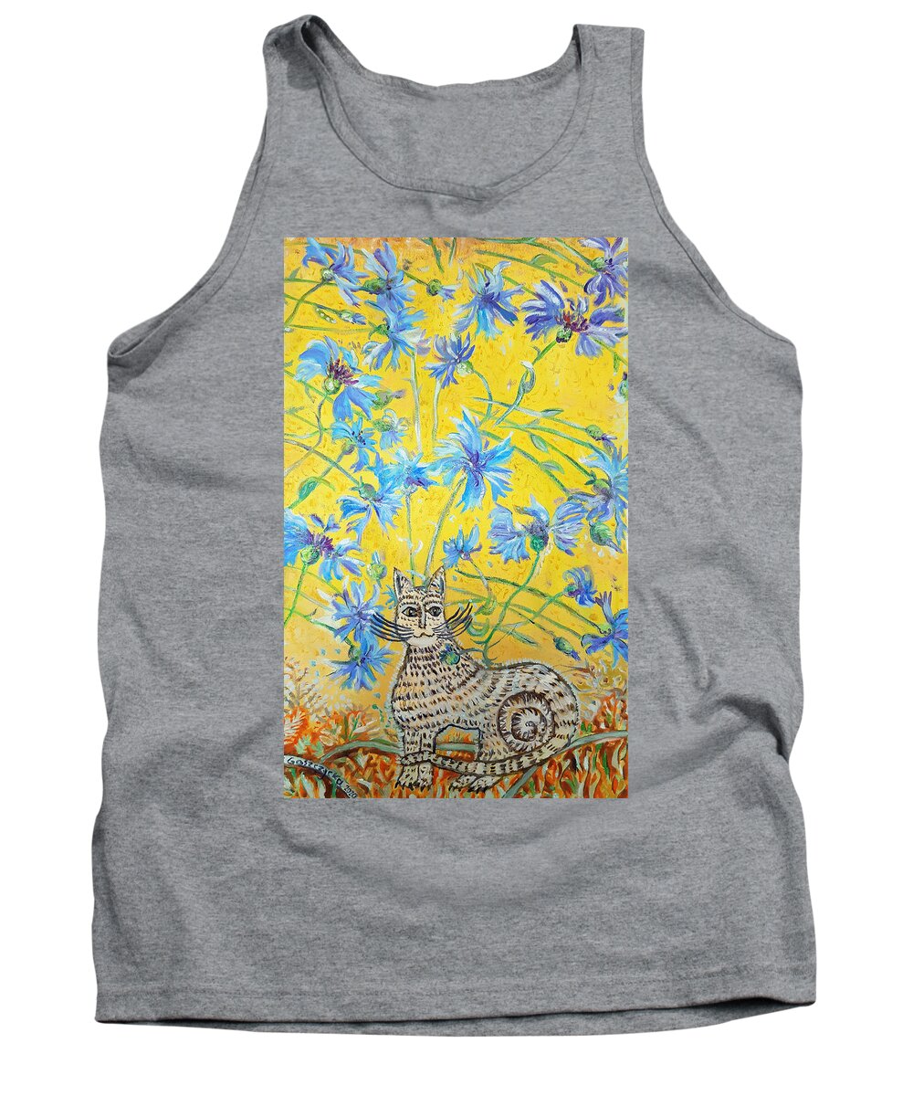 Cornflowers And A White Cat Tank Top featuring the painting Cornflowers And A White Cat by Elzbieta Goszczycka